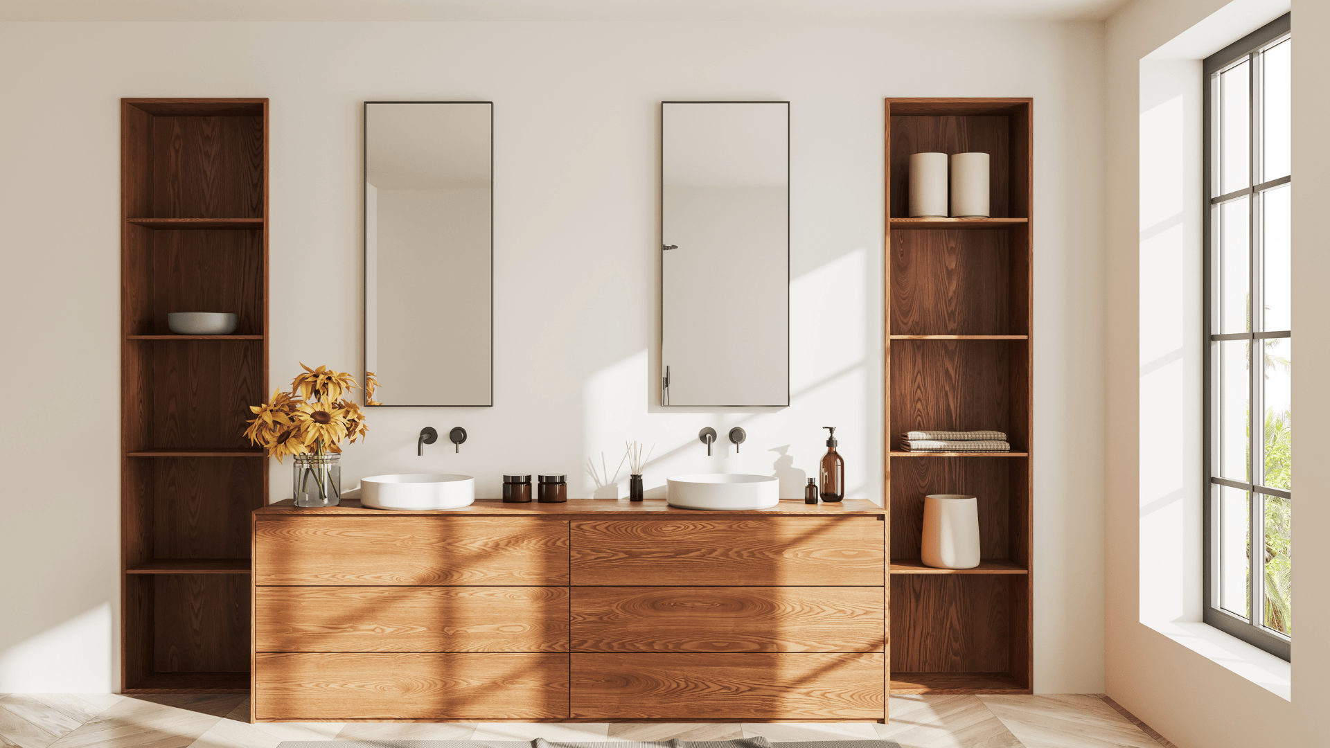 Modernes Badezimmer mit Holzdetails, zwei Waschbecken, Spiegeln und gelben Blumen für frische Akzente.