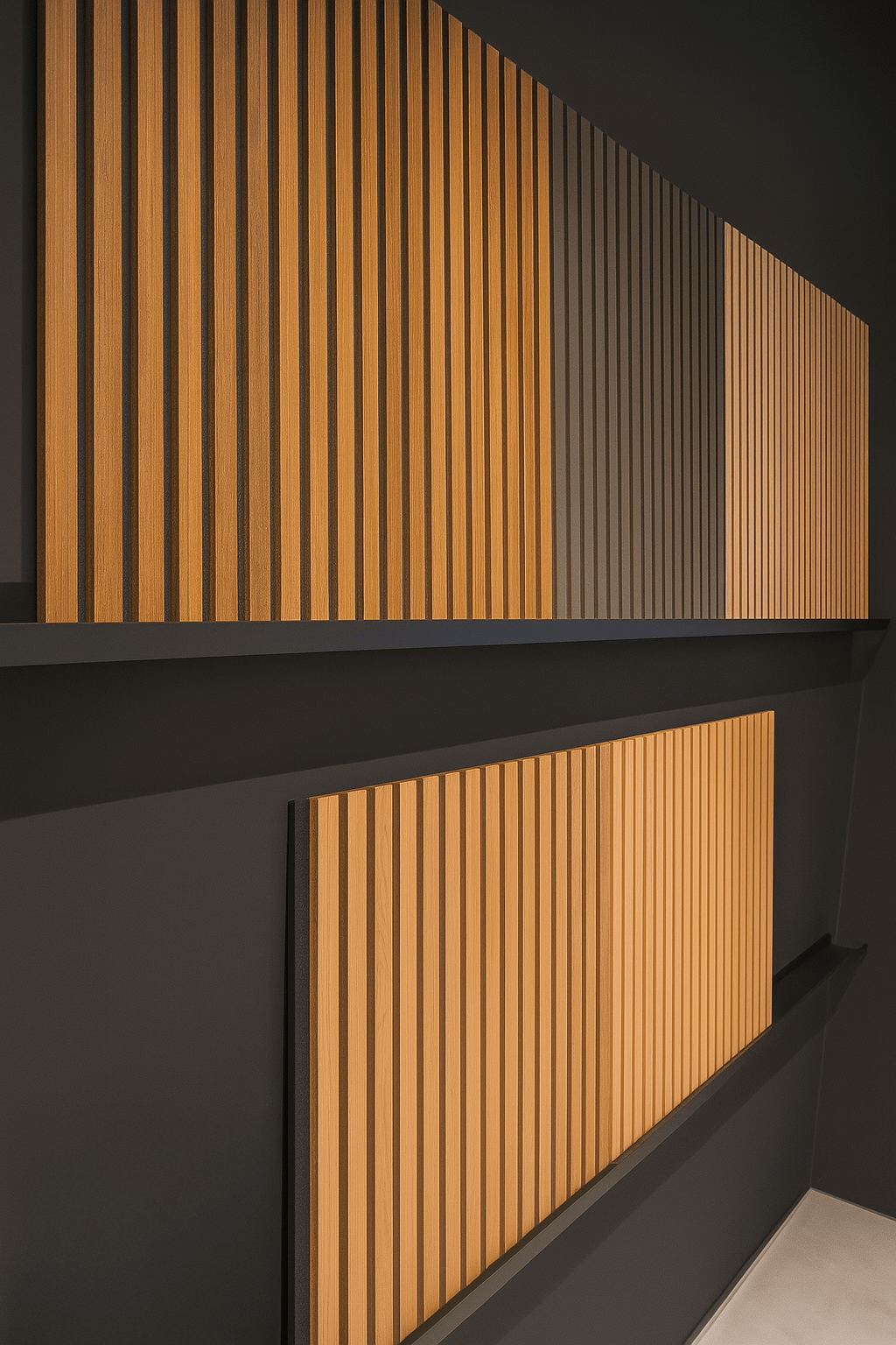 Moderne Wand mit vertikalen, hellen Holzpaneelen vor dunklem Hintergrund, elegant und minimalistisch.