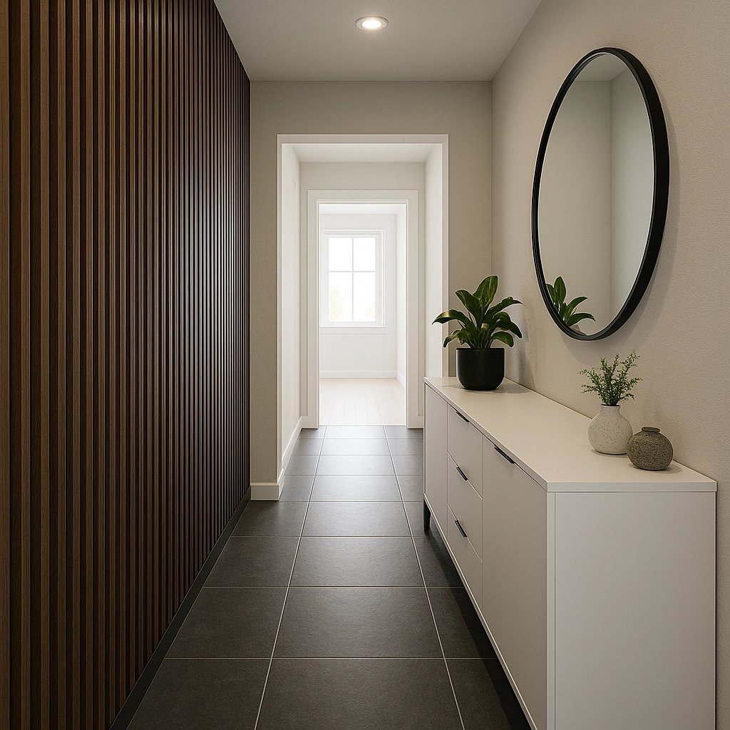 Moderner Flur mit weißem Sideboard, rundem Spiegel, Pflanzen und Holzpaneelen, führt zu hellem Raum.