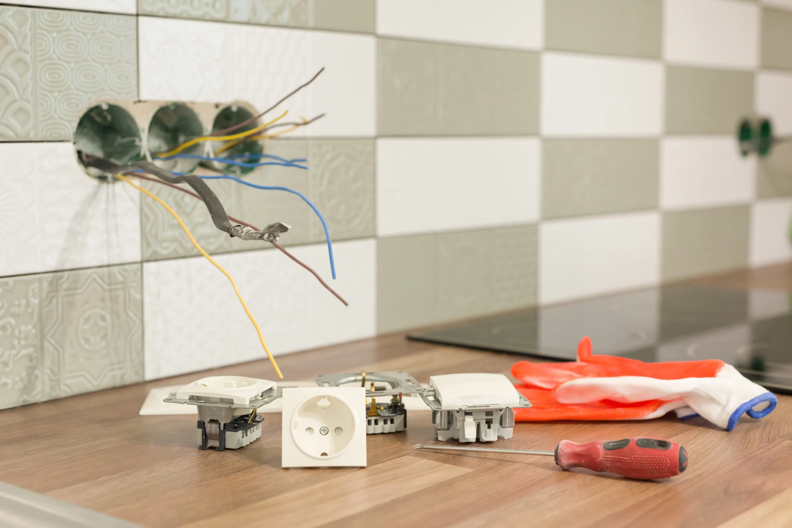 Lose Kabel und Steckdosenkomponenten auf einer Holzarbeitsfläche, umgeben von Werkzeugen.