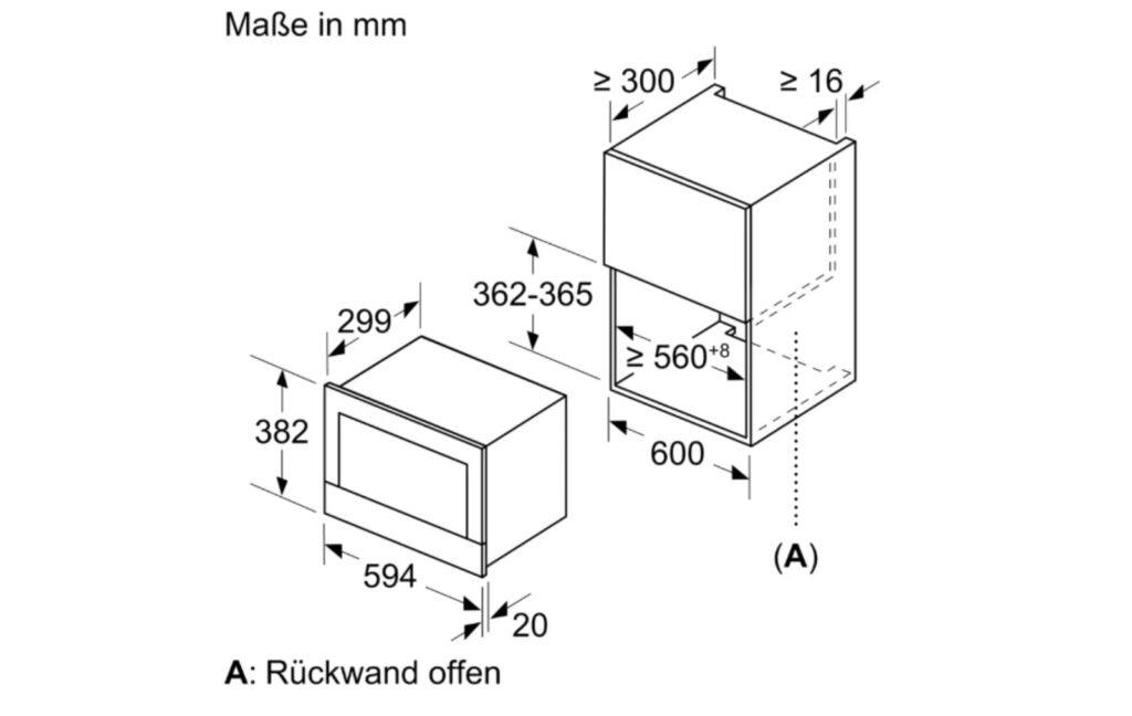Technische Zeichnung zeigt Einbaumaße eines Mikrowellenofens in einem Schrank mit offenen Rückwand.