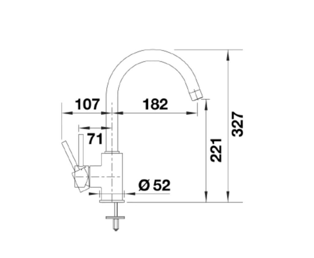 Technische Zeichnung eines Wasserhahns mit detaillierten Maßen in Millimetern, schwarz-weiß dargestellt.
