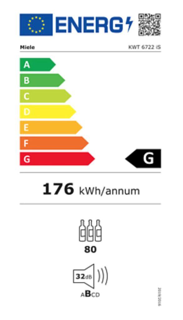 EU-Energielabel für Miele KWT 6722 iS: Energieklasse G, 176 kWh/Jahr, 80 Flaschen, 32 dB Lautstärke.