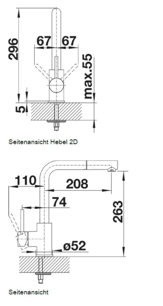 Technische Zeichnung einer Wasserarmatur mit genauen Maßangaben für Installation und Planung.