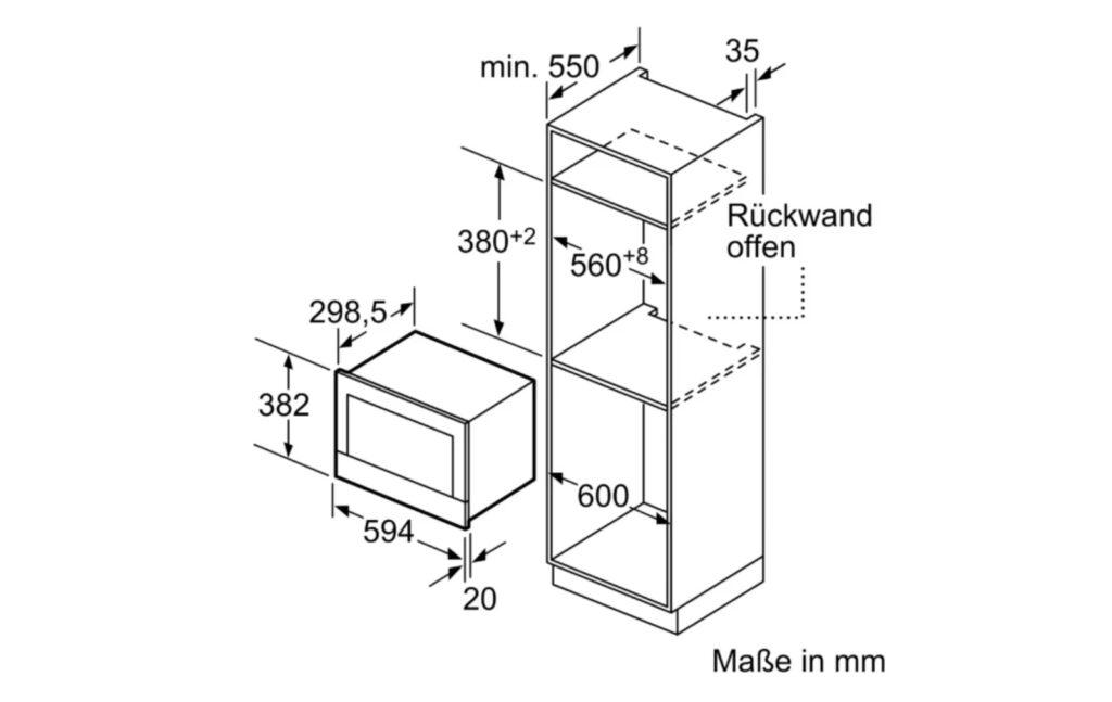 Technische Zeichnung zeigt Einbaumaße für Mikrowelle und Schrank mit offenen Rückwänden.