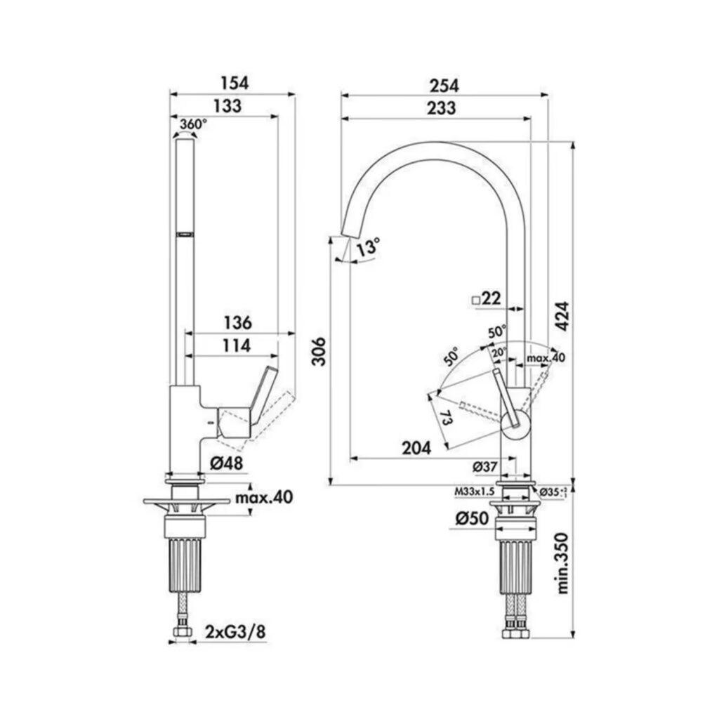 Technische Zeichnung eines Wasserhahns in Seiten- und Frontansicht mit detaillierten Maßen.