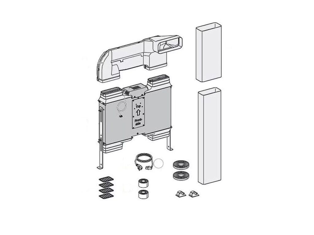 Explosionszeichnung eines technischen Geräts mit zentralem Gehäuse, Rohren und kleineren Bauteilen.