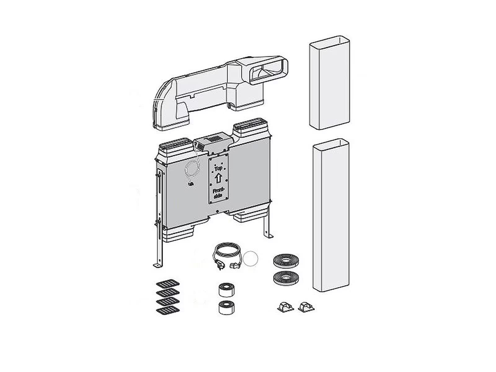 Explosionszeichnung eines technischen Geräts mit zentralem Gehäuse, Rohren und kleineren Bauteilen.