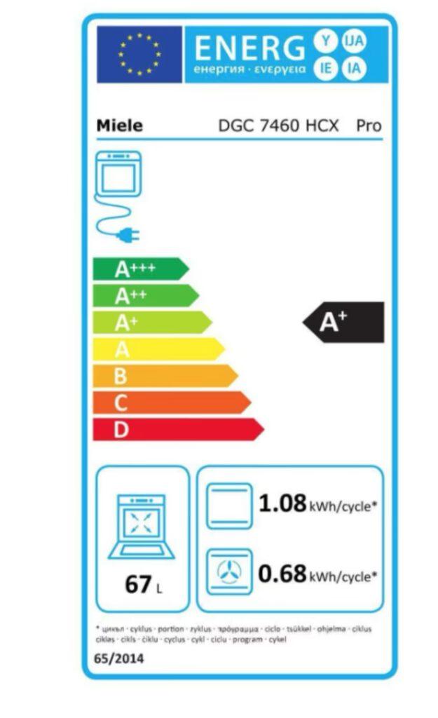 EU-Energielabel für Miele Backofen, Modell DGC 7460 HCX Pro, Energieeffizienzklasse A+, 67 Liter.