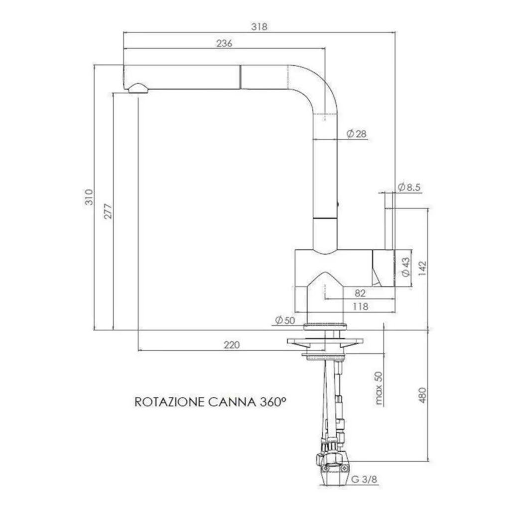 Technische Zeichnung eines 360° drehbaren Wasserhahns mit L-förmigem Auslauf und Maßangaben.