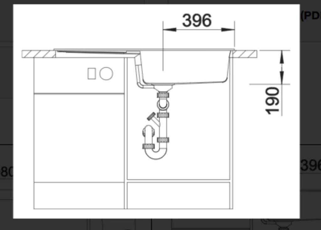 Technische Zeichnung eines rechteckigen Waschbeckens mit Abflussrohr, Maße: 396 mm x 190 mm.