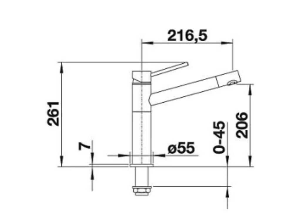 Technische Zeichnung eines Wasserhahns mit Maßen in Millimetern, zeigt Höhe, Ausladung und Sockeldurchmesser.