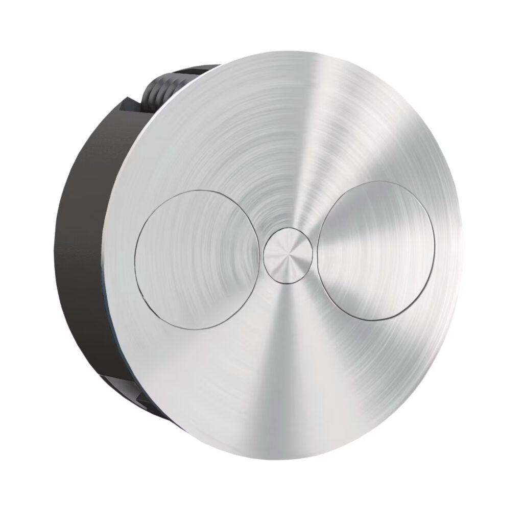 Metallischer Türknauf mit gebürsteter Oberfläche und konzentrischen Kreisen, modern und minimalistisch.