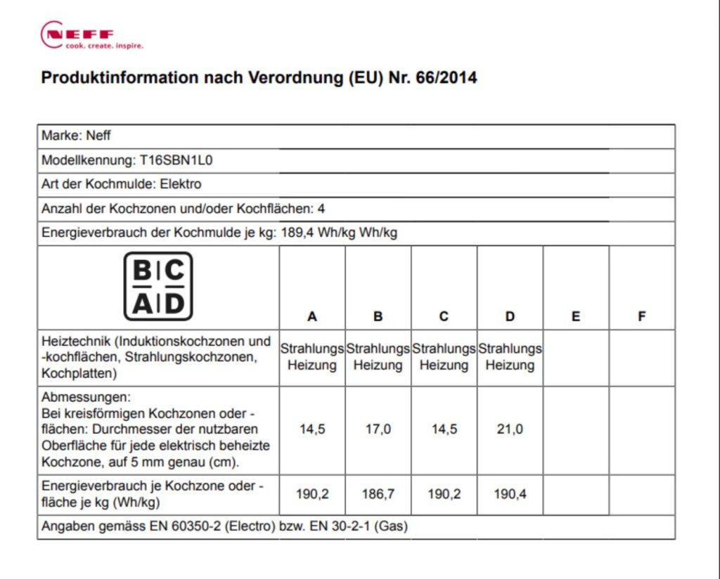 Technisches Datenblatt für ein Neff Elektro-Kochfeld, Modell T16SBN1L0, mit Energieverbrauchsdetails.