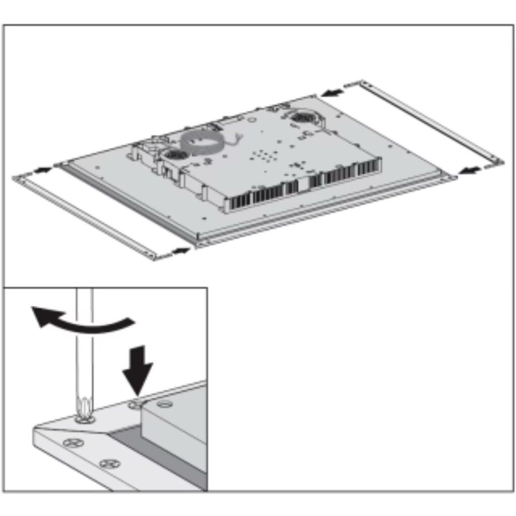 Technische Zeichnung: Elektronikplatte mit Lüfteröffnungen, Schraubenzieher justiert Schraube.