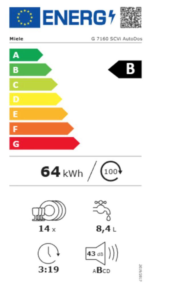 Energieeffizienzlabel für Miele Geschirrspüler, Klasse B, 64 kWh/100 Zyklen, 14 Maßgedecke, 43 dB.