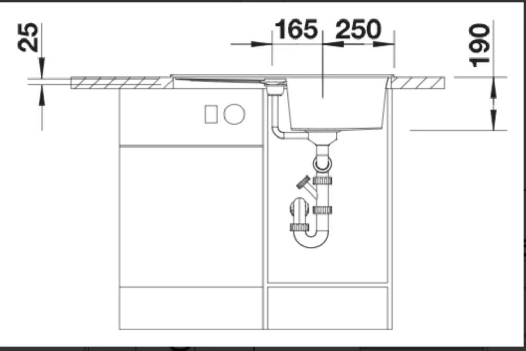 Technische Zeichnung eines Waschbeckens mit Abfluss und Unterschrank, inklusive Maßangaben in Millimetern.