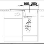 Technische Zeichnung eines Waschbeckens mit Abfluss und Unterschrank, inklusive Maßangaben in Millimetern.