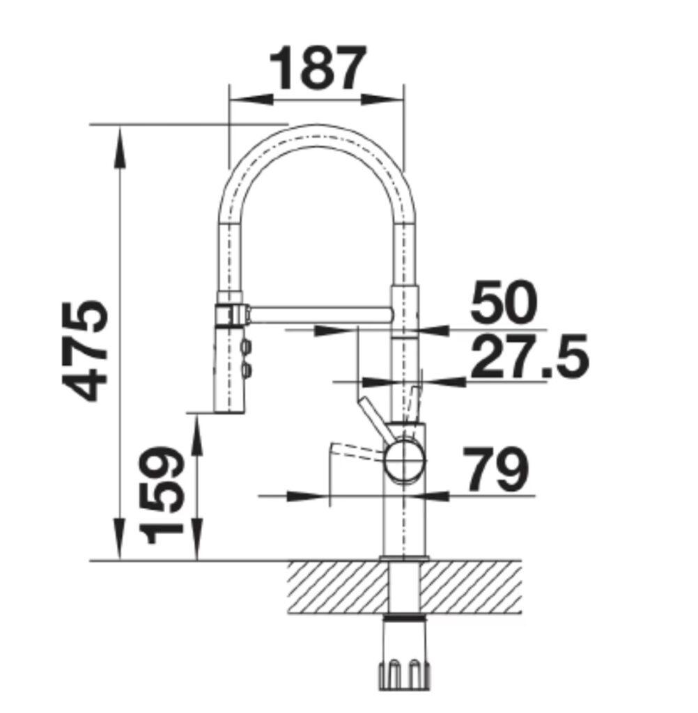 Technische Zeichnung eines Bogenhahns mit hohem Auslauf, inklusive detaillierter Maßangaben.