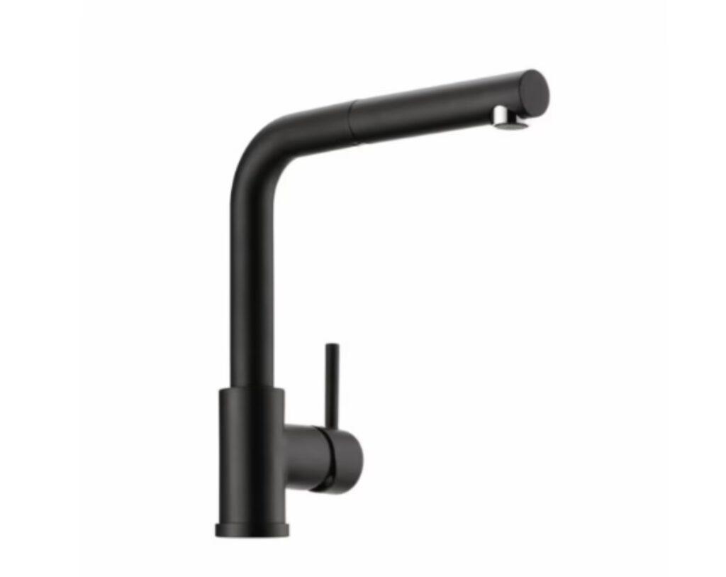 Moderner, mattschwarzer Wasserhahn mit minimalistischem Design vor weißem Hintergrund.