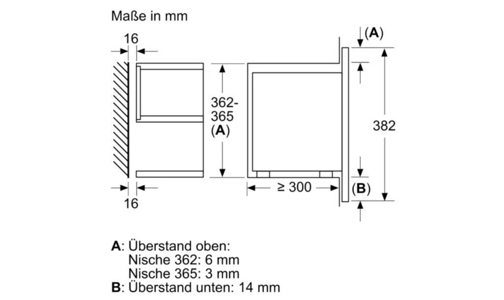 Technische Zeichnung einer Nische mit genauen Einbaumaßen und Toleranzen in Millimetern.