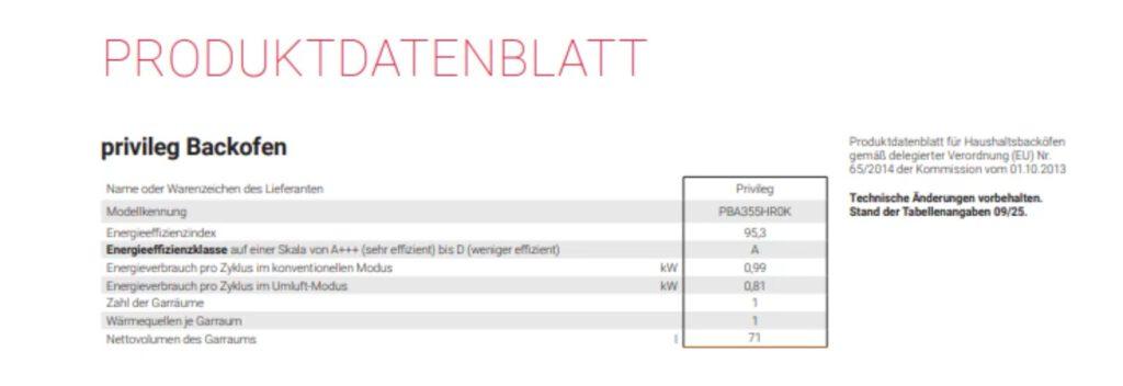 Produktdatenblatt für privileg Backofen mit technischen Details wie Energieeffizienz und Volumen.