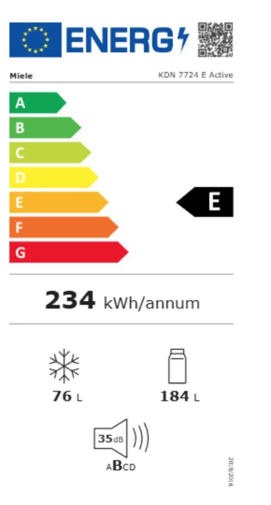 Energieeffizienzlabel für Miele Kühlschrank, Modell KDN 7724 E Active, mit Effizienzklasse E.