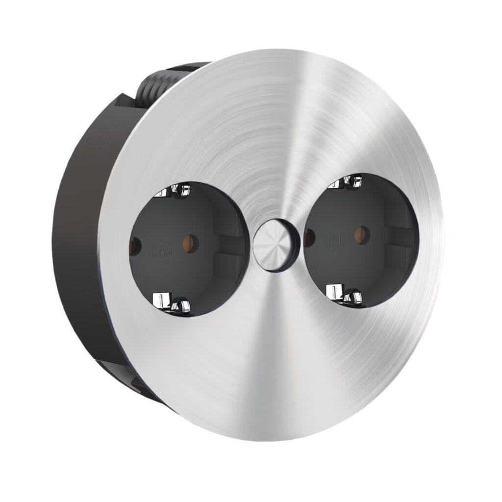 Runde Steckdosenleiste aus gebürstetem Metall mit zwei schwarzen Steckplätzen, modern und elegant.