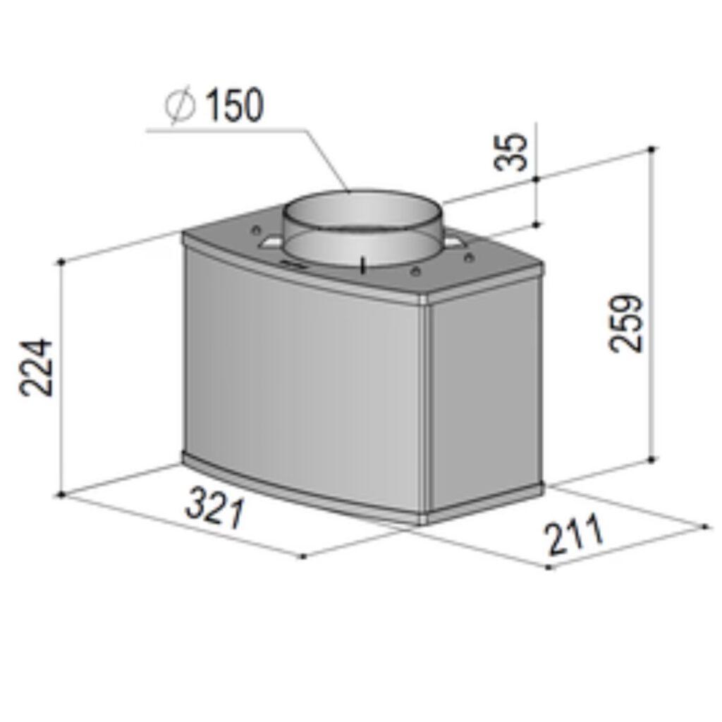 Technische Zeichnung eines rechteckigen Lüftungselements mit rundem Anschluss oben, Maße angegeben.