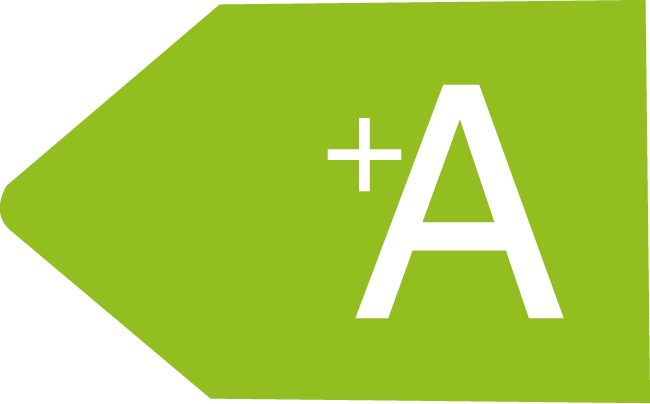 Grünes Energiesparlabel mit einem nach links zeigenden Pfeil, beschriftet mit "+A" für hohe Effizienz.