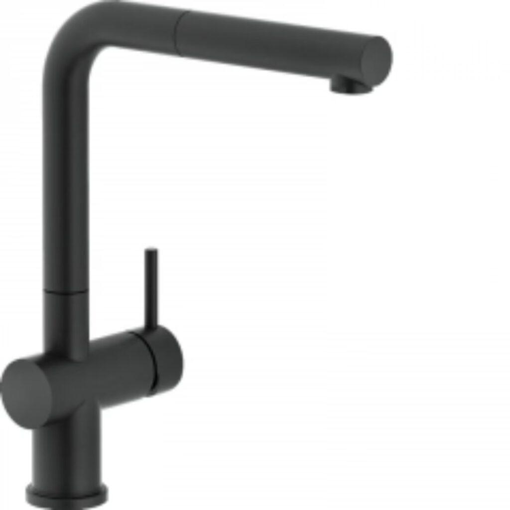 Moderner, mattschwarzer Wasserhahn mit klaren Linien vor weißem Hintergrund, minimalistisches Design.