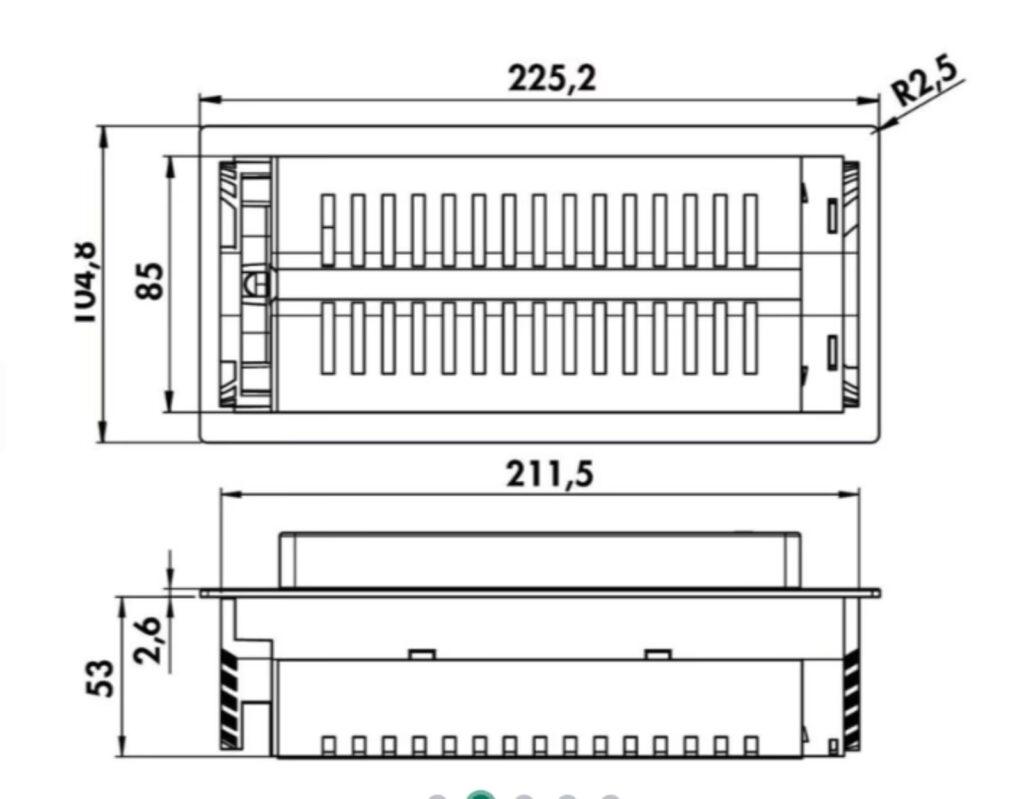 Technische Zeichnung eines rechteckigen Lüftungsgitters mit Maßen und abgerundeten Ecken.