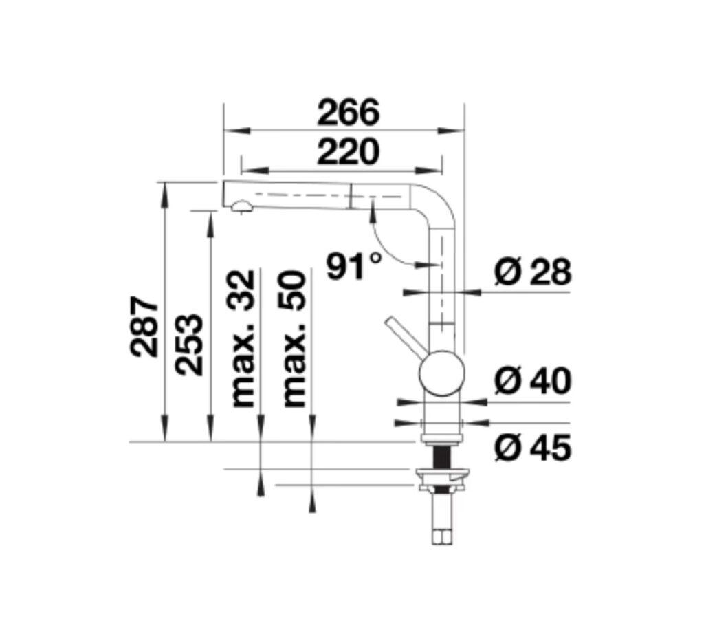 Technische Zeichnung eines Wasserhahns mit Maßen für Installation, schwarz-weiß, funktional gestaltet.