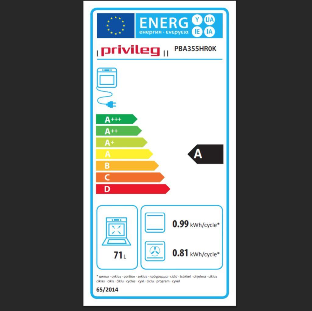 EU-Energielabel für einen Backofen, zeigt Energieeffizienzklasse A und Ofenvolumen von 71 Litern.