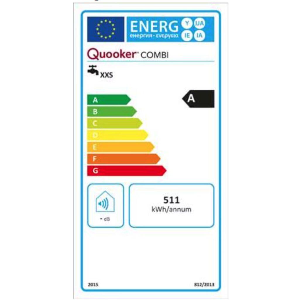 Energielabel für Quooker COMBI, Effizienzklasse A, jährlicher Verbrauch 511 kWh, EU-Logo sichtbar.