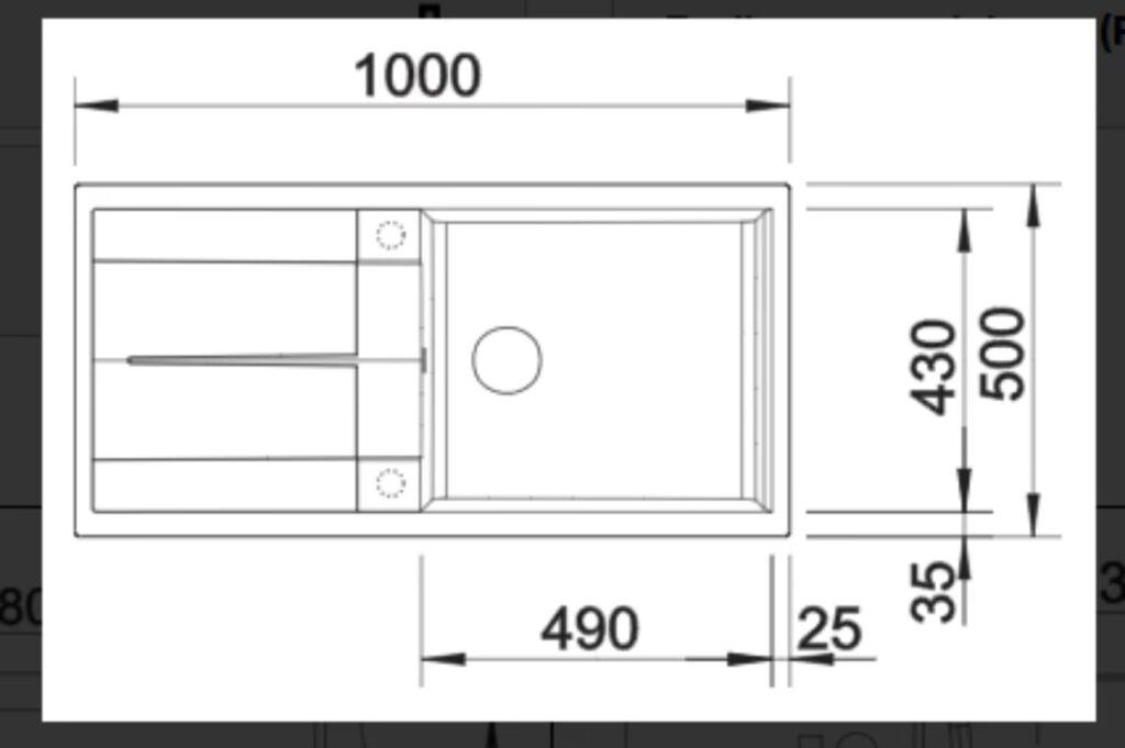 Technische Zeichnung eines rechteckigen Waschbeckens mit Abtropffläche und Maßen in Millimetern.