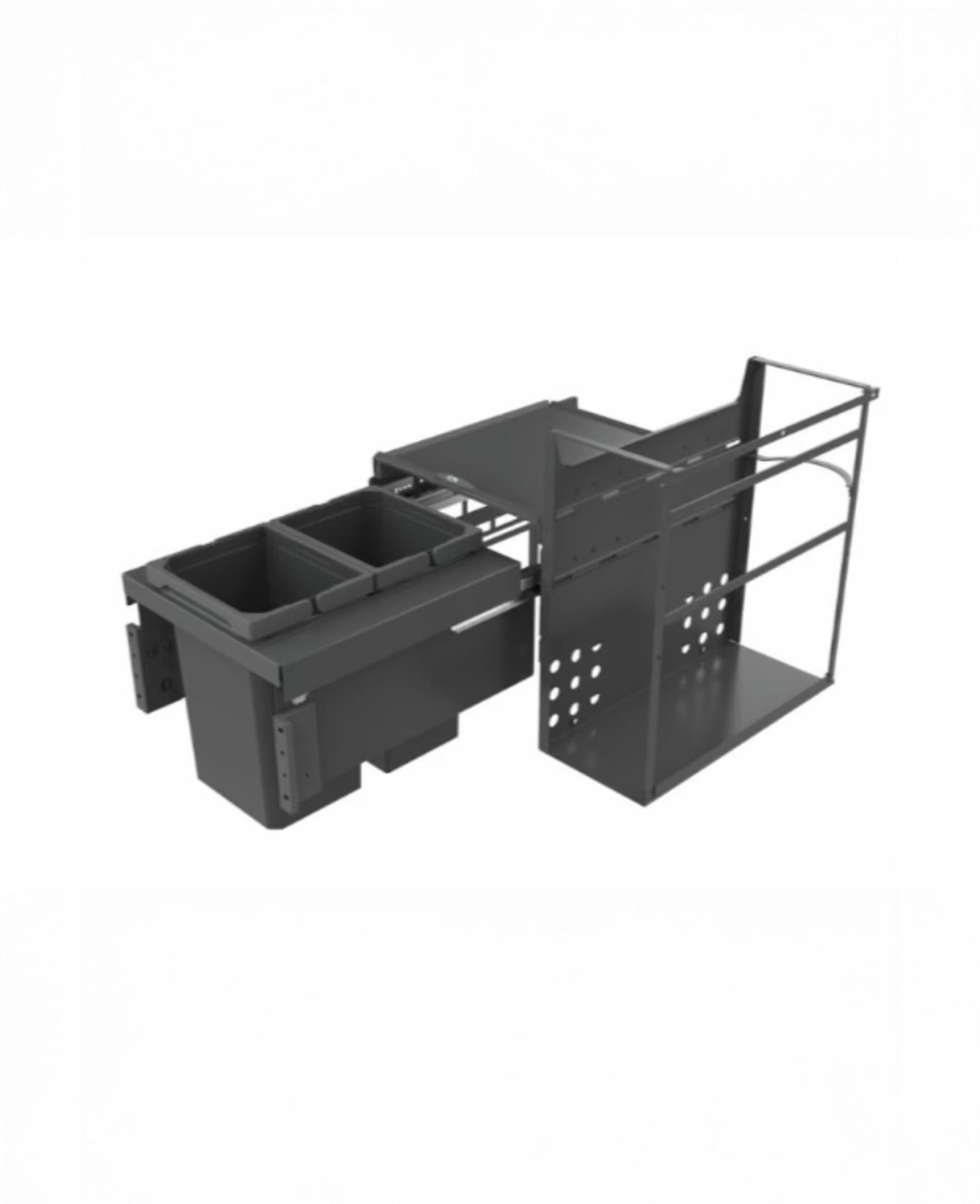 Ausziehbares Abfalltrennsystem mit zwei grauen Behältern und einem Metallrahmen in einem Küchenschrank.