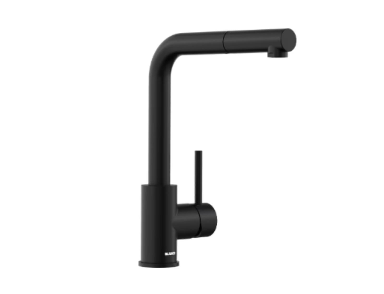 Ein moderner, matt schwarzer Wasserhahn mit minimalistischen Linien in elegantem Design.