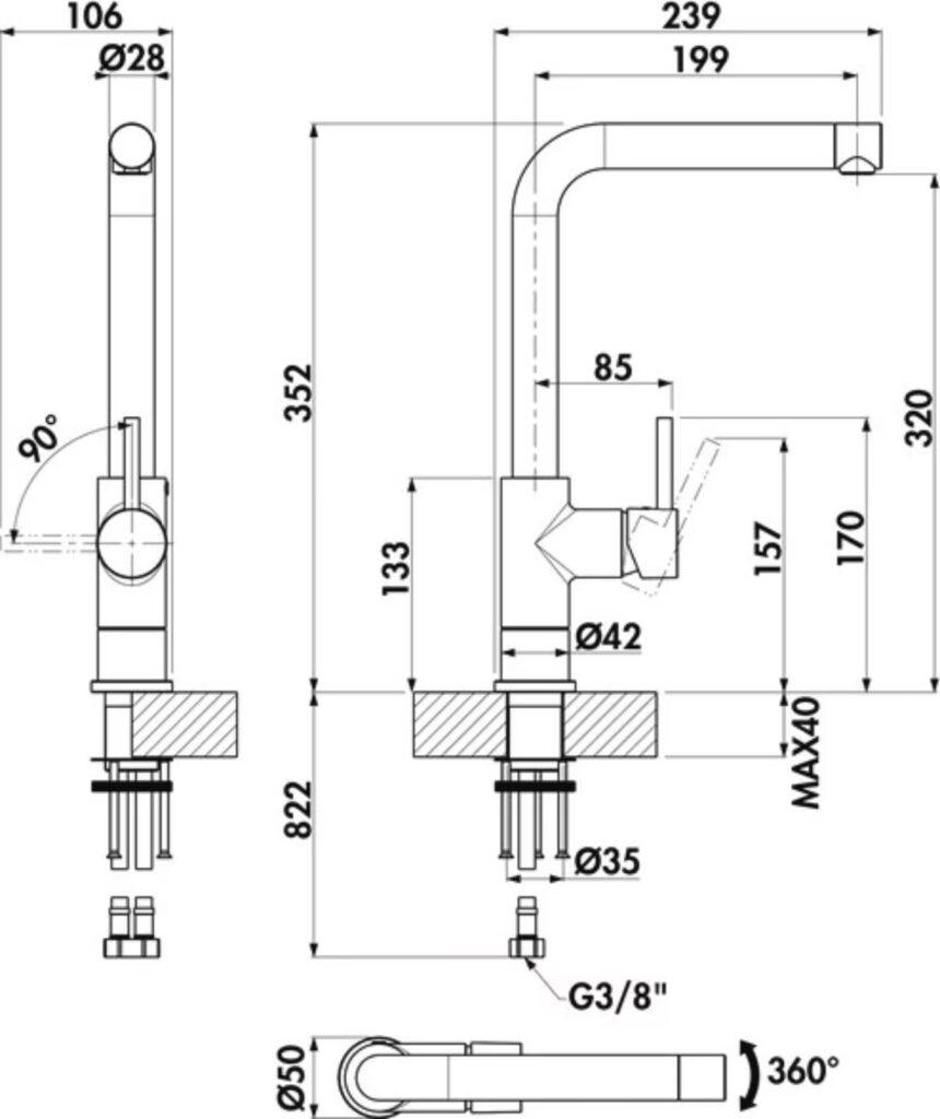Technische Zeichnung eines modernen Wasserhahns mit Maßen und Drehbewegungen, schwarz-weiß gehalten.