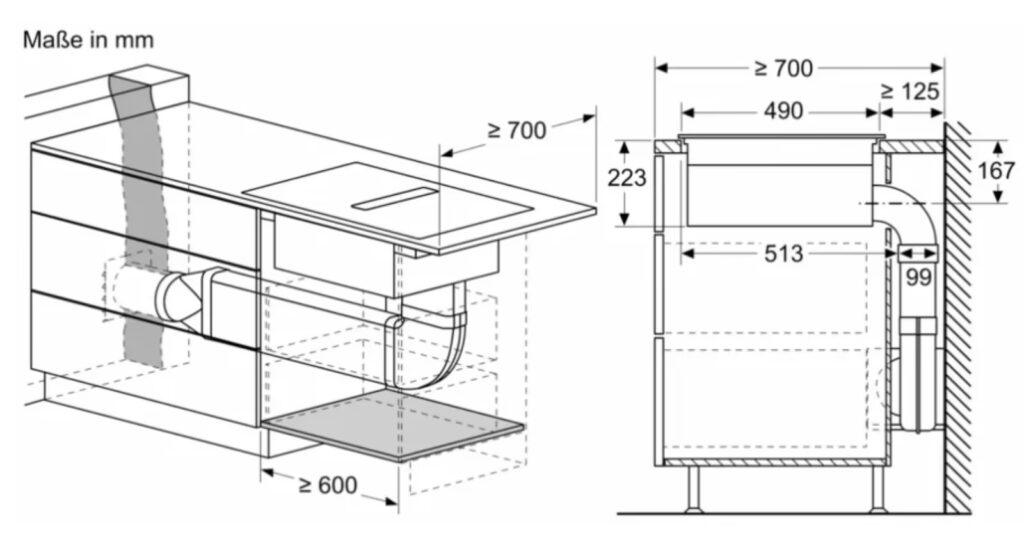 Technische Zeichnung eines rechteckigen Waschbeckens mit Unterschrank und sichtbaren Abflussrohren.
