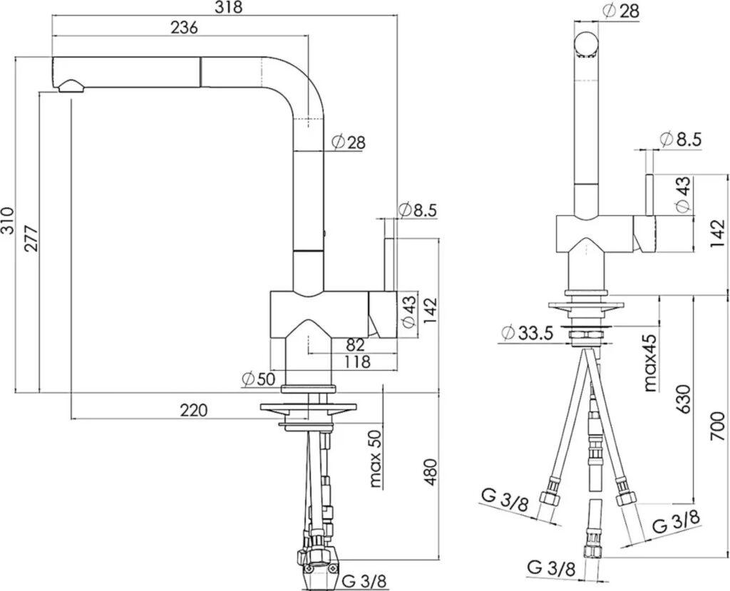 Technische Zeichnung eines Wasserhahns mit detaillierten Maßen aus Seiten- und Vorderansicht.