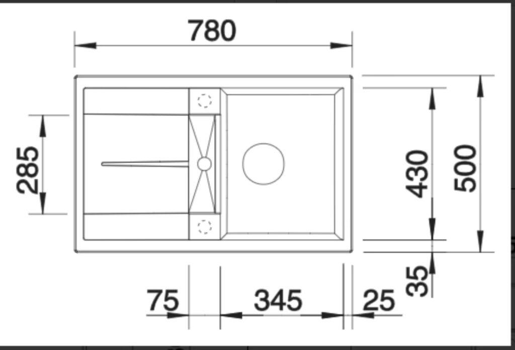 Technische Zeichnung einer rechteckigen Küchenspüle mit Hauptbecken und Abtropfbereich.