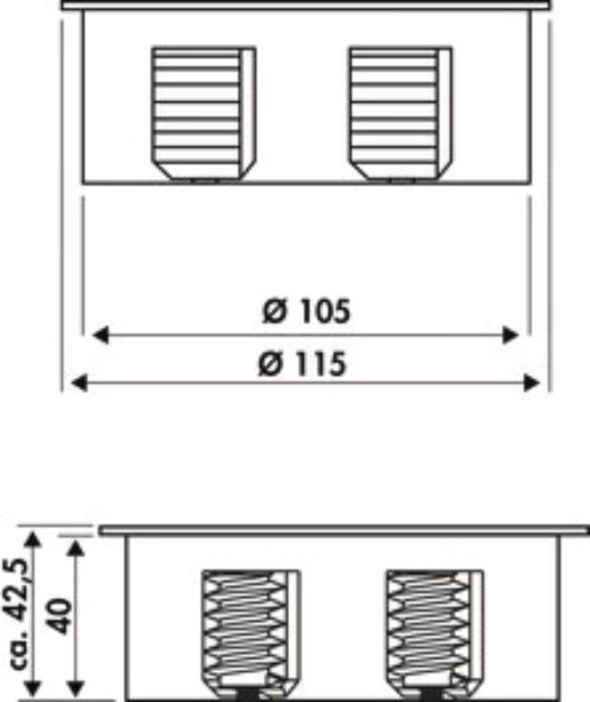 Technische Zeichnung einer Einbauleuchte mit zylindrischen Formen und Maßangaben.