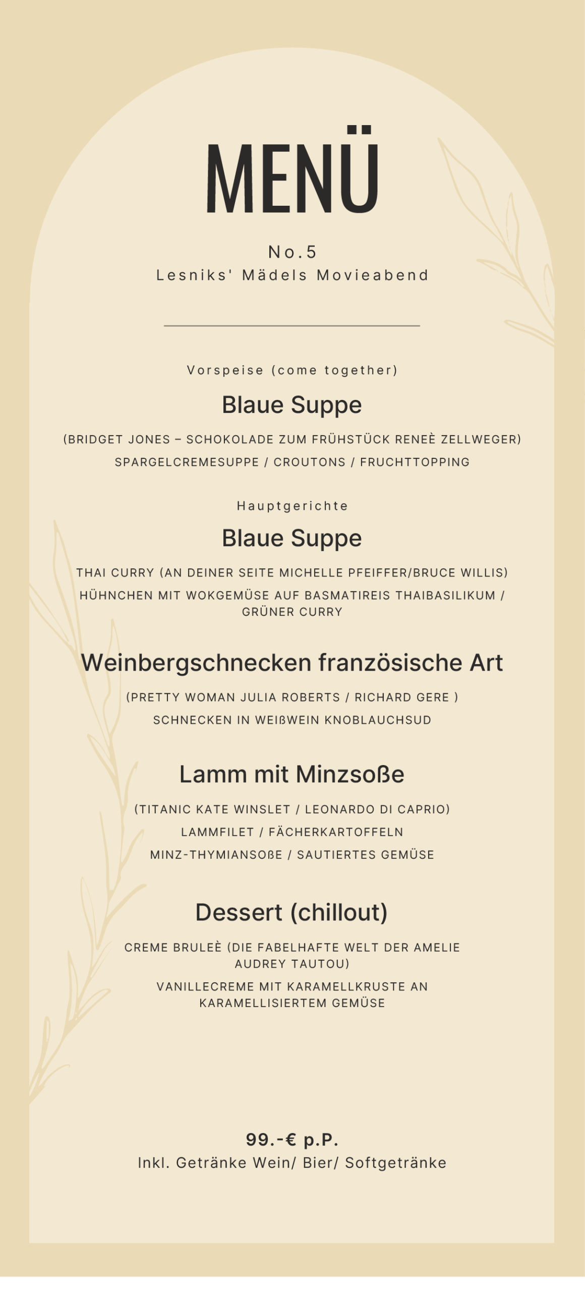 Elegantes Menü für "Mädels Movieabend" mit cineastischen Speisen, beige Hintergrund, schwarze Schrift.