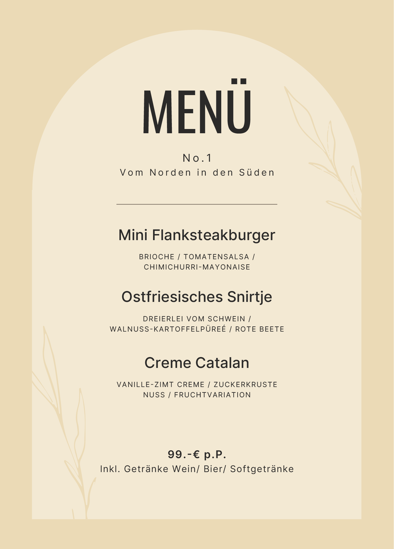 Elegantes Menüdesign mit drei Gängen: Mini Flanksteakburger, Ostfriesisches Snirtje, Creme Catalan.