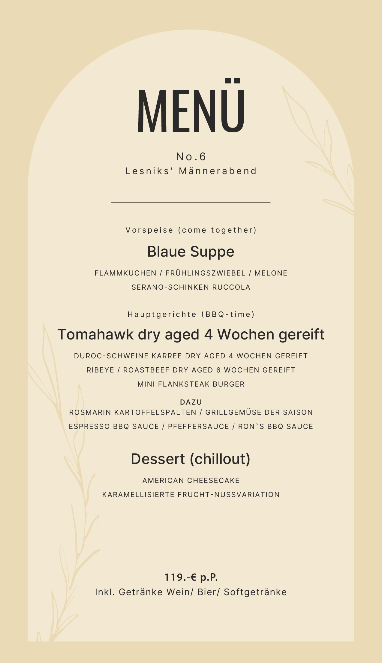 Menü für Lesniks' Männerabend mit exklusiven Speisen und Getränken in eleganter Gestaltung.