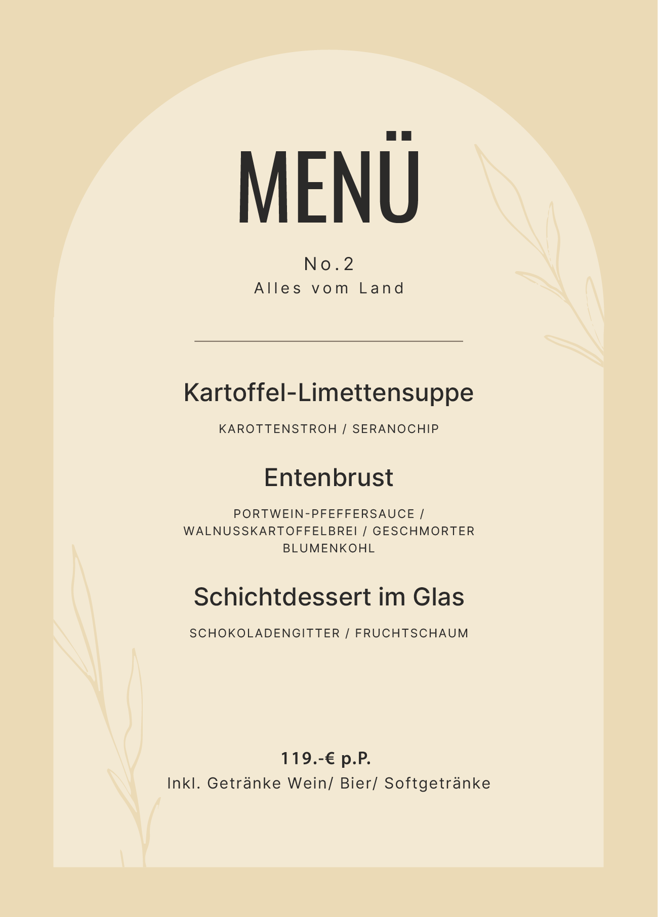 Elegantes Menü-Design mit drei Gängen, Thema "Alles vom Land", Preis 119 € pro Person inkl. Getränke.