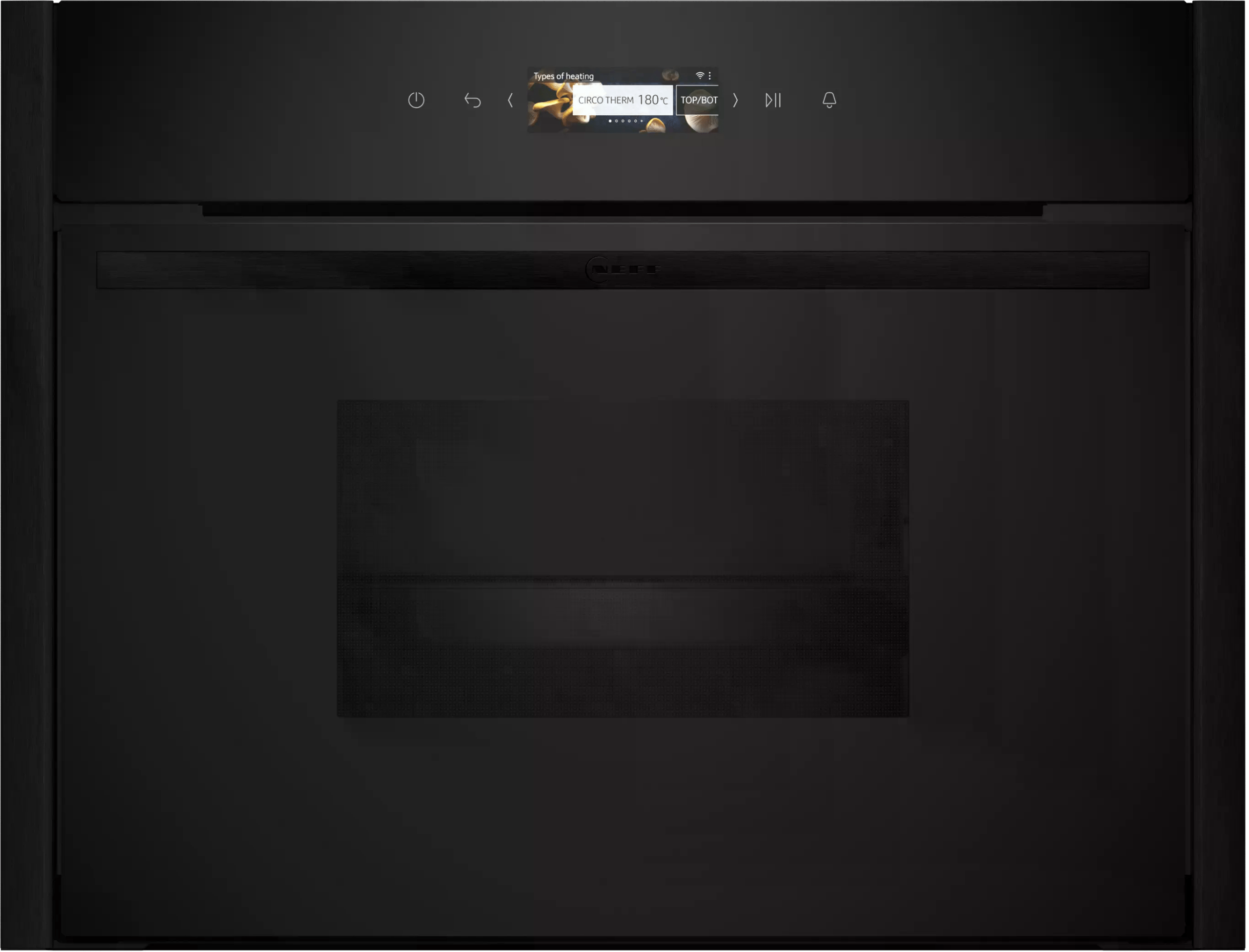 Moderner schwarzer Backofen mit digitaler Anzeige, zeigt "CIRCOTHERM 180°C", bereit zur Nutzung.
