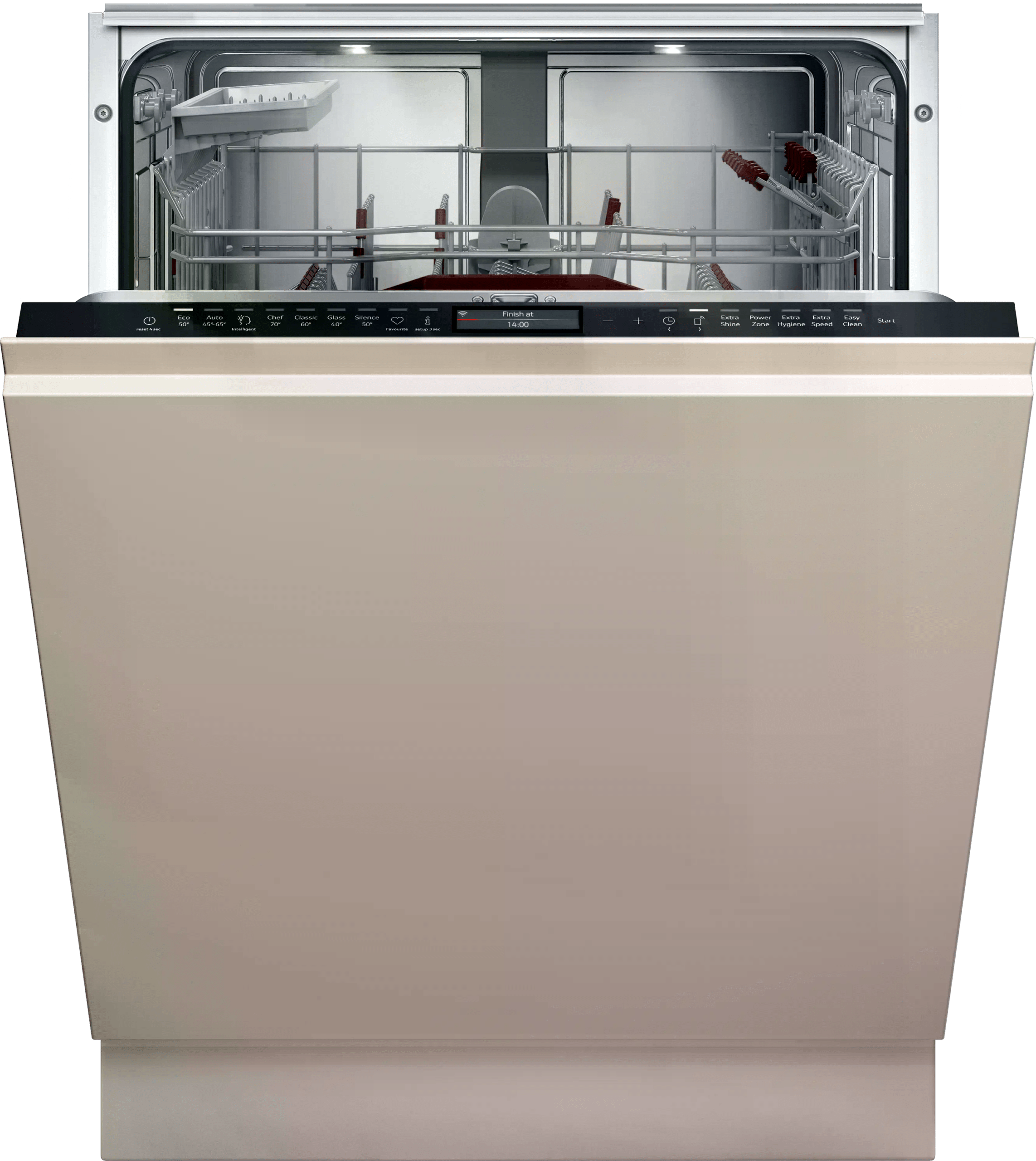 Ein geöffneter Geschirrspüler mit leeren Körben, bereit zum Beladen, in einer häuslichen Umgebung.