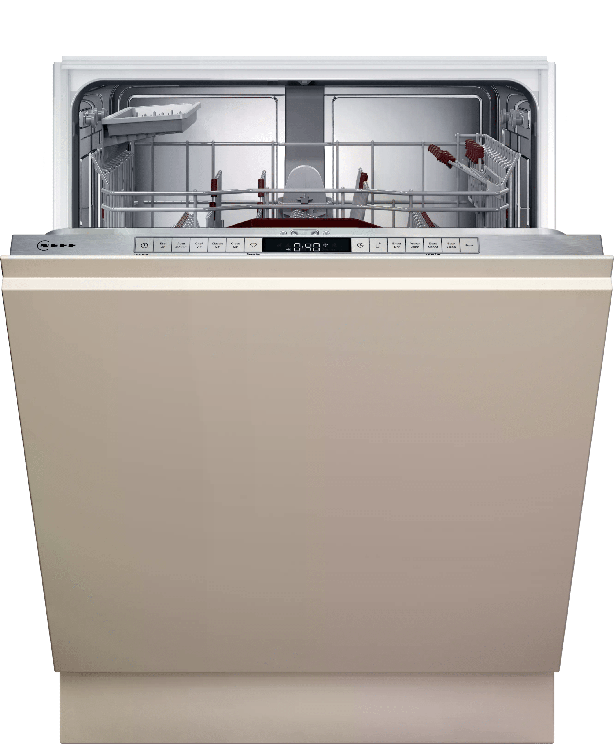 Geöffnete Geschirrspülmaschine mit sichtbaren Körben und Halterungen, beige Front, metallisches Inneres.